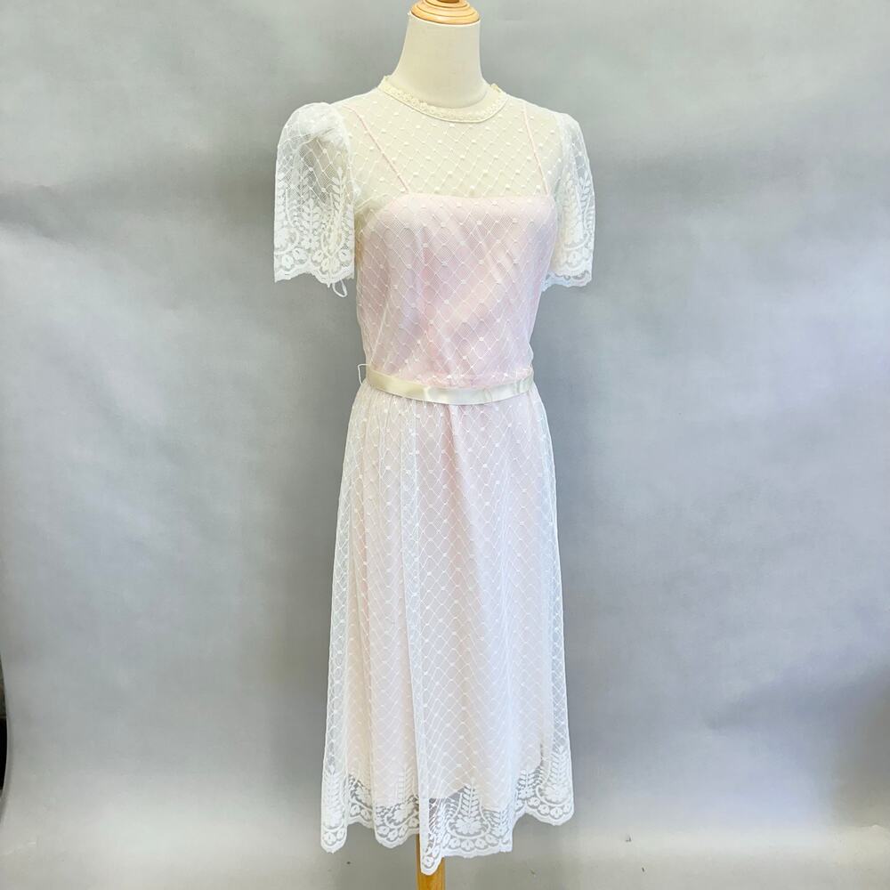 Vintage 70s dot lace overlay taffeta short sleeve midi dress ribbon belt size 11